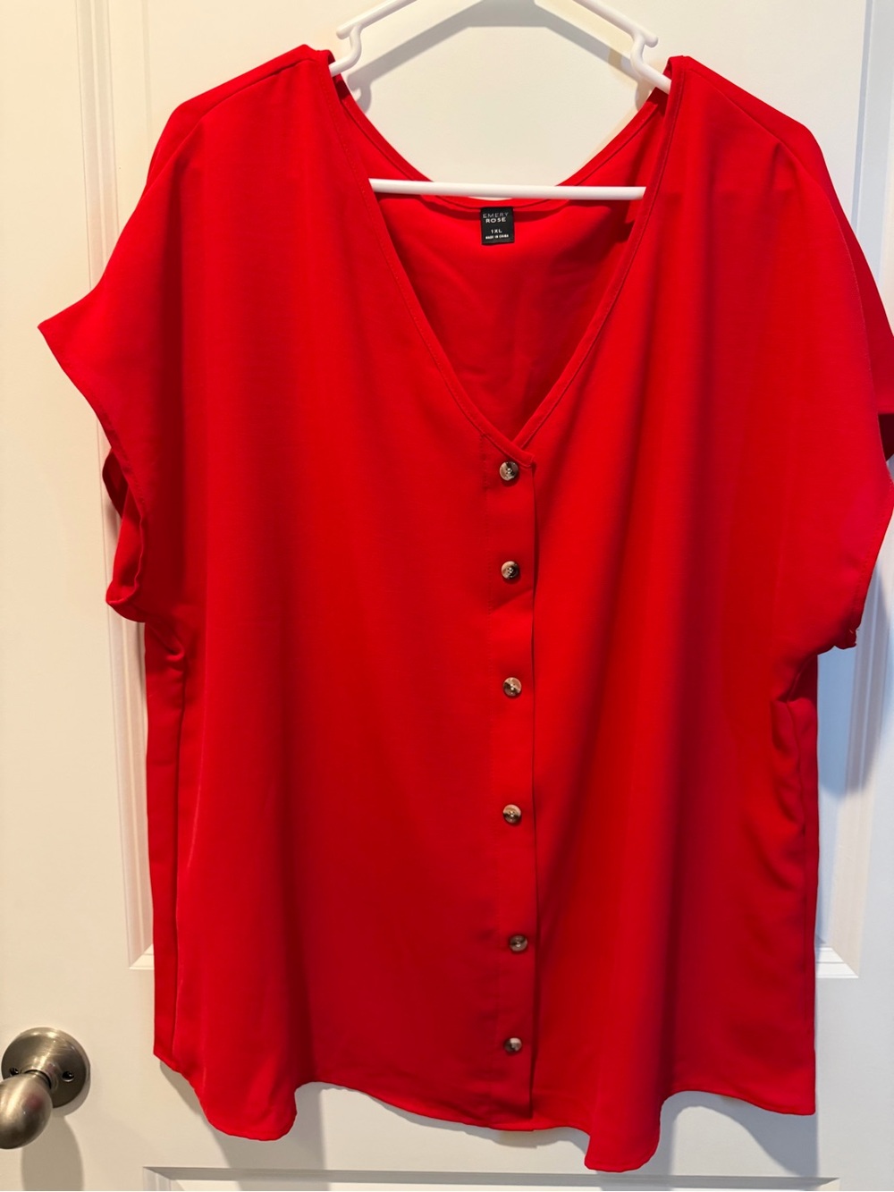 Emery Rose Red V-Neck Button-Front Women's Blouse…over sized